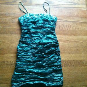 BCBG Maxazria Blue Metallic Ruched Dress 90s Y2K Style Cocktail Party Club